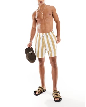 ASOS DESIGN seersucker badshorts i medellängd i vit och karamellrand
