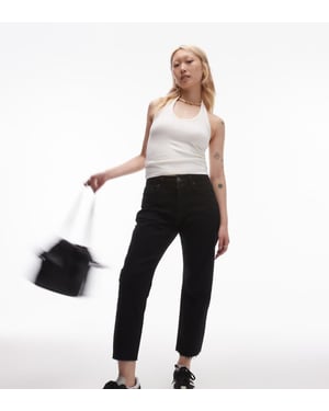 Topshop Petite mid rise straight cropped jean with raw hems in black