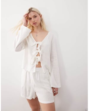 Noisy May linen mix tie front top co-ord in white