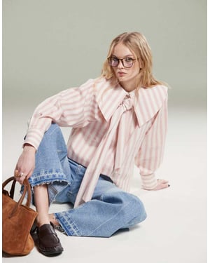 ASOS DESIGN shirt with large collar and tie detail in pink stripe