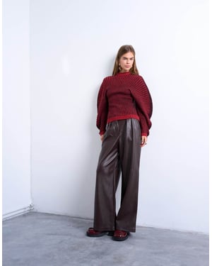 Topshop pleated tailored style wide leg faux leather trouser in burgundy