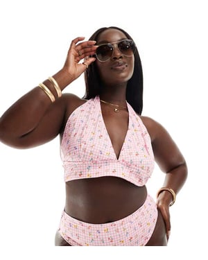 ASOS DESIGN Curve Angie hög apex halterneck triangelbikinitopp i ginghamblommor