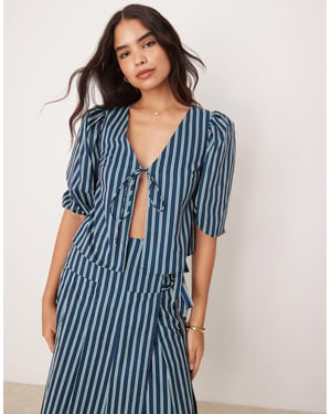 Glamorous volume sleeve blouse with tie front in green stripe co-ord