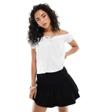 Miss Selfridge boho lace trim jersey blouse in white