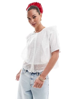 Pieces broderie cutwork detail short sleeve blouse in cloud white
