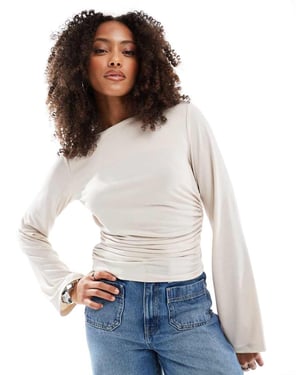 ASOS DESIGN peach cupro draped waist long sleeve t shirt in ecru