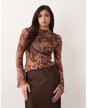 ASOS DESIGN printed paisley mesh drawstring asymmetric top with flute sleeve in brown