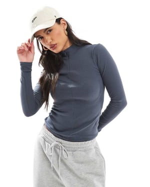 Pieces ribbed jersey double zip top in grey blue