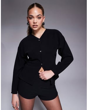 ASOS DESIGN co-ord ribbed balloon sleeve structured button through top in black