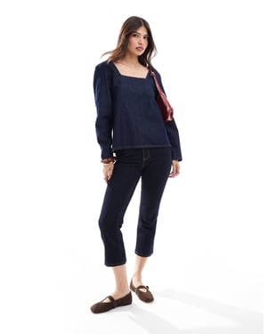ASOS DESIGN denim sömmad långärmad topp i mellanblå