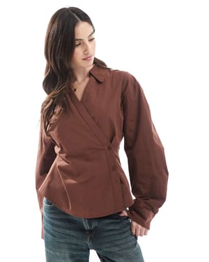 ASOS DESIGN wrap shirt with cocoon sleeve in brown