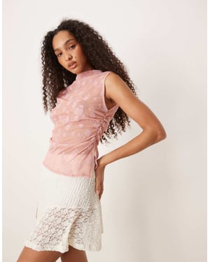 ASOS DESIGN ruched side high neck flocked mesh co ord top in pink