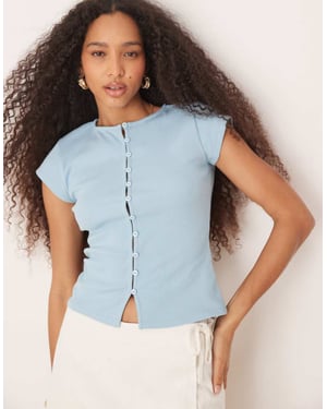 ASOS DESIGN compact mini rib button through short sleeve top in blue