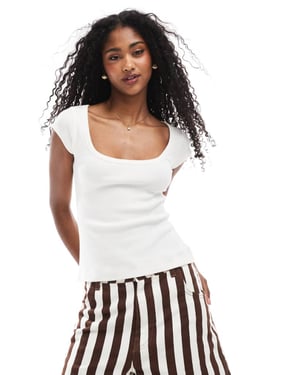 ASOS DESIGN wide binding rib scoop neck top with cap sleeve in cream