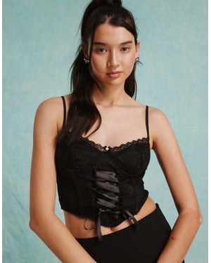 Miss Selfridge lace tie front corset top in black