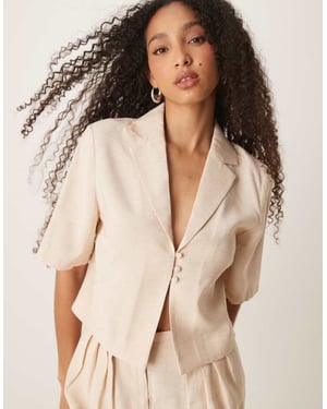 ASOS DESIGN short sleeve tie front cropped shirt co-ord in off white