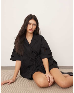 ARRANGE cotton cutwork embroidered short sleeve tie front shirt co-ord in black
