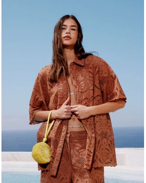 ASOS DESIGN premium broderie shirt co-ord in mocha