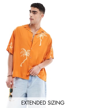 ASOS DESIGN oversized skjorta med revere och palmmotiv i orange