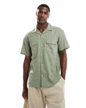 ONLY & SONS revere collar linen shirt with pocket detail in khaki