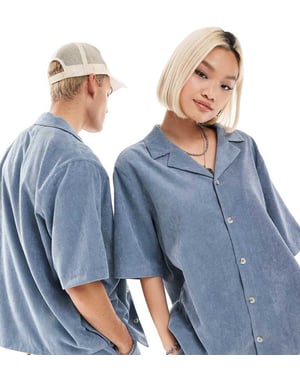 Återvunnen vintage unisex kordskjorta i blå samordning