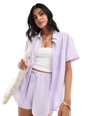 Miss Selfridge kortärmad semesterblus i lila rutig koord