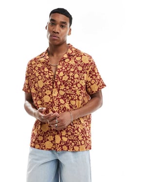 ASOS DESIGN avslappnad skjorta med kollo och textur i orange och röd blommig mönster