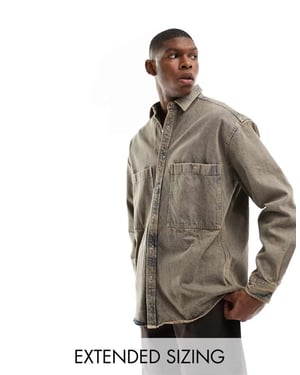 ASOS DESIGN 90-tals oversized skjorta med dubbla fickor i acid wash blå denim - BRUN