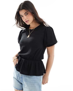 ASOS DESIGN linen blend peplum top with puff sleeve in black