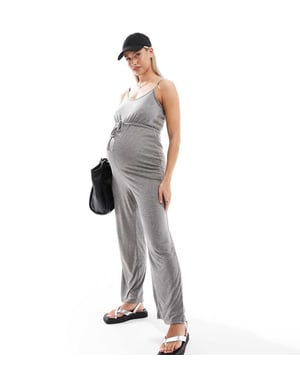 Mamalicious Graviditetstrikå jumpsuit med knytmidja i kolgrå mélange