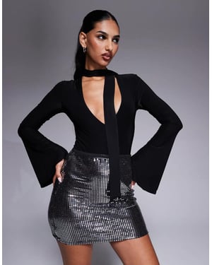 ASOS DESIGN slinky plunge long sleeve top with scarf detail in black