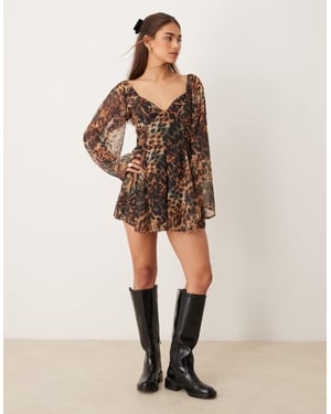 Miss Selfridge western long sleeve playsuit in leopard print