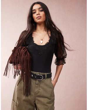 ASOS DESIGN sweetheart neck puff sleeve dobby mesh bodysuit in black