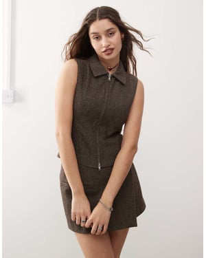 Weekday Karin co-ord zip genom väst i brun herringbone