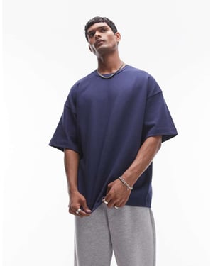 Topman premium tyngre avslappnad passform medellång ärm t-shirt 300gsm i marinblå