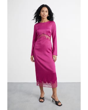 Fluted Sleeve Satin Lace Insert Midi Dress