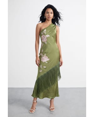 One Shoulder Embroidered Fringed Midi Dress