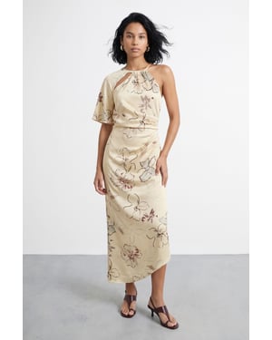 Floral Print Asymmetric One Sleeve Bias Maxi Dress With Keyhole