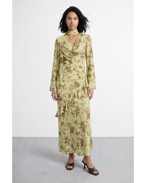 Petite Long Sleeve Cowl Neck Floral Print Ruffle Detail Maxi Dress