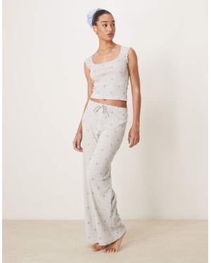 Gina Tricot mix and match pointelle embroidered edge cotton pyjama bottoms with blue bows in grey melange
