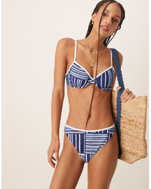 Abercrombie & Fitch mid rise contrast trim bikini bottom co-ord in blue stripe print