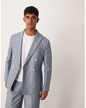 ASOS DESIGN linne dubbelknäppt regular kavaj med ränder i indigoblått