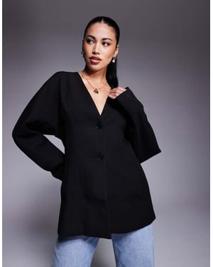 ASOS DESIGN tailored linen look textured nipped waist blazer in black