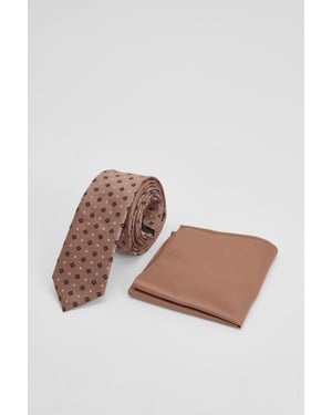 Light Brown Foulard Tie and Plain Pocket Square