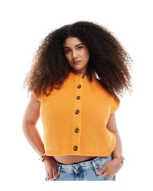 ASOS DESIGN Curve boxy knitted stitch waistcoat with button detail in orange
