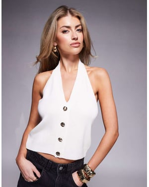 ASOS DESIGN knitted halter waistcoat with gold buttons co-ord in ivory