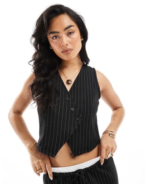 Pieces tailored asymmetric placket detail waistcoat co-ord in black pinstripe
