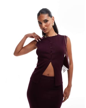 Kaiia exclusive cotton blend fine knit button through longline waistcoat co-ord in burgundy