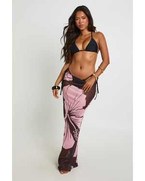 Floral Print Sheer Mesh Beach Maxi Skirt