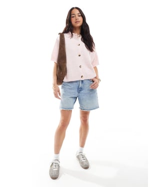 ASOS DESIGN stickad kortärmad skjorta med kofta i rosa
